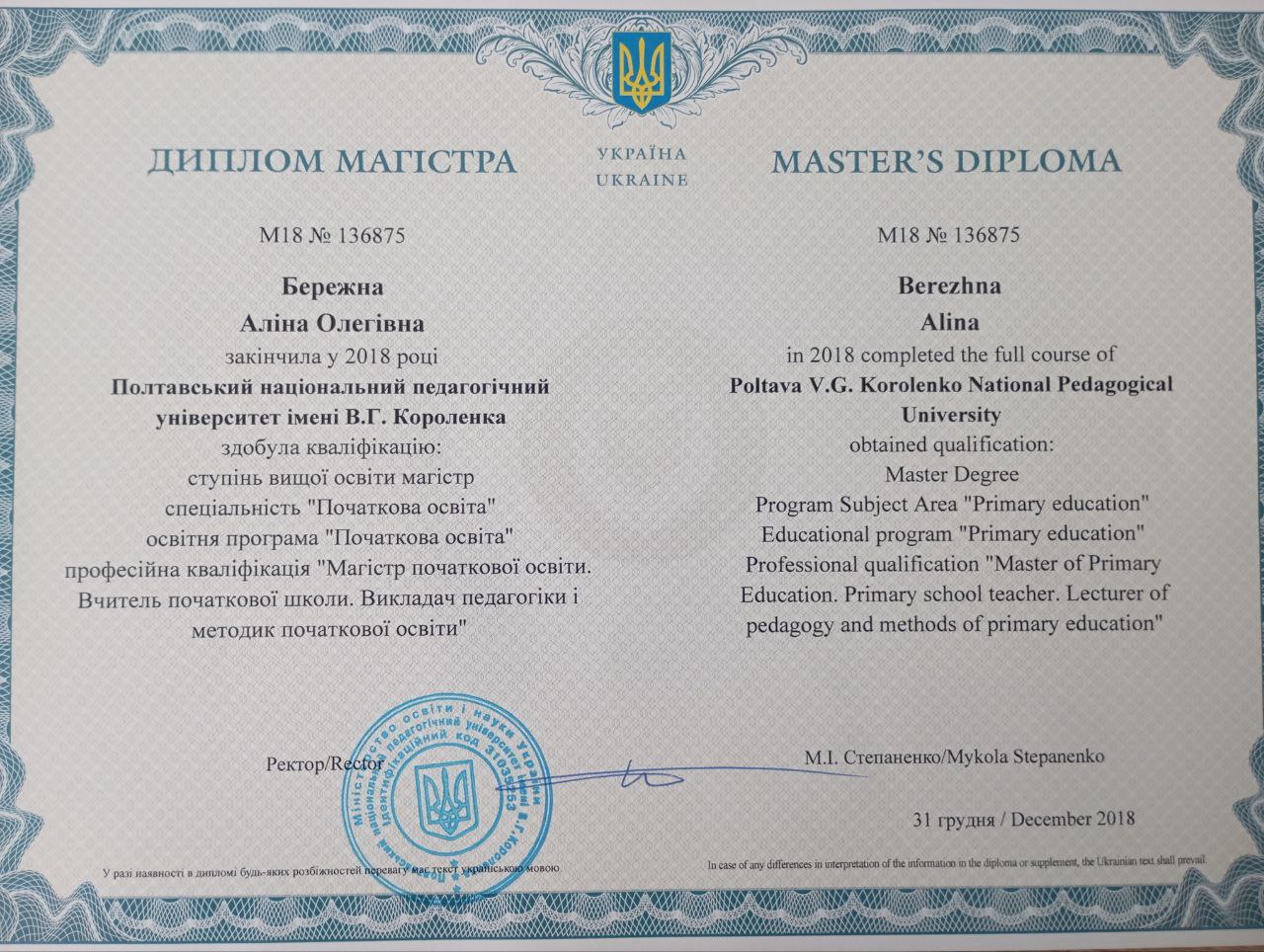 зображення Магістр початкової освіти . Вчитель початкової школи. Викладач педагогіки і методик початкової освіти.